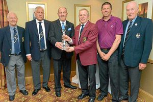 First placed team. Hill Valley. From left, Anthony Smith, Martin Fowles, Shropshire Star advertising director, Peter Guy, Martin Brisbourne, Carl Beddows and chairman of the County Competitions Committee, Ian Murray.