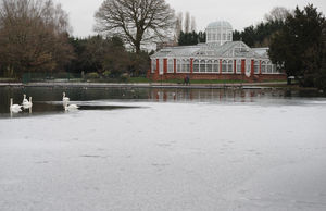 Ice and snow cover the water at West Park in Wolverhampton
