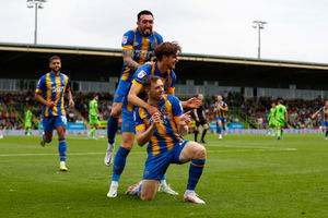 Jordan Shipley of Shrewsbury Town celebrates after scoring a goal to make it 0-2 (AMA)