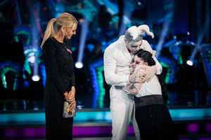 Tess Daly, Ellie Goldstein and Vito Coppola during the results show of Strictly Come Dancing on BBC1. Photo credit: Guy Levy/BBC/PA Wire 