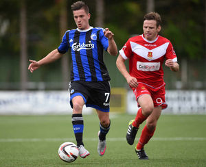 FC Copenhagen's Benjamin Verbic (left) and Newtown AFC's Luke Boundford