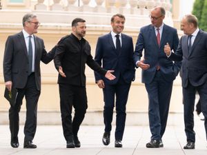 Prime Minister Sir Keir Starmer, Ukrainian President Volodymyr Zelensky, French President Emmanuel Macron, German Chancellor Friedrich Merz and Poland’s Prime Minister Donald Tusk at the Presidential Palace in Kyiv
