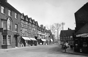 Shifnal in the 1930s. Among businesses visible are Smith saddler in the black and white buildings. Picture shared by Jackfield historian Ron Miles.