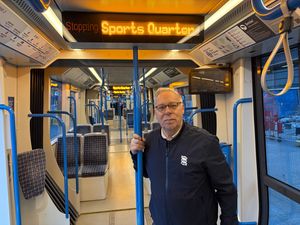 Birmingham City FC supporter Steve Poole on board the Metro which will serve the club's new stadium. PIC: Gurdip Thandi LDR
