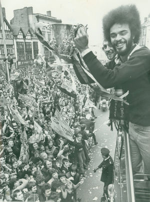 George Berry holds the League Cup after Wolves victory over Nottingham Forest in March 1980