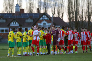 Reece King of Stourbridge carries his child during the pre-match handshakes (Photo by Adam Fradgley/West Bromwich Albion FC via Getty Images).