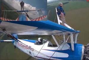Christine Grundy completed an aerobatic wing walk stunt to raise funds for charity. Picture: Age UK.