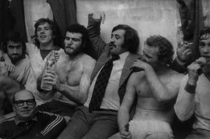 Walsall's acting manager Doug Fraser celebrates with the players including goalscorers Bernie Wright and Alan Buckley after their successful victory against Manchester United on January 8, 1975. It was one of the Saddlers' greatest Cup moments - a 3-2 win over Manchester United in the 3rd round replay of the FA Cup in front of the TV cameras, following a goal-less draw at Old Trafford