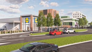 A visualisation of the proposed Lidl store next to part of Northfield Shopping Centre which would be retained if the plans are approved. Taken from planning application.