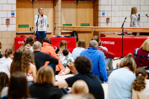 Alice Kinsella speaks to gymnasts and their families at Park Wrekin Gymnastics Club in Wellington