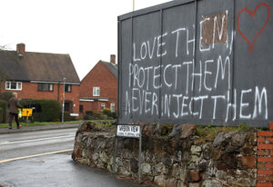 Anti-vaccination graffiti sprayed on a wall in Madeley