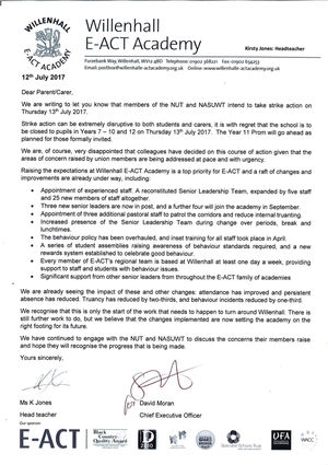 The letter written to parents on Wednesday afternoon