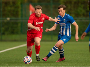 Action from Shawbury United's heavy defeat at Stafford Town. Pic: Kieran Stoddart