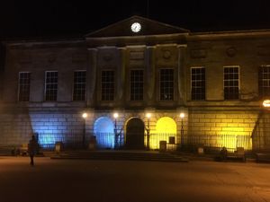 Supporting image for story: Stafford's Shire Hall lit up in show of solidarity for Ukraine