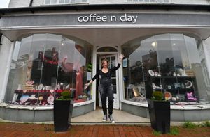 Ruth outside her business in Station Road, Hagley