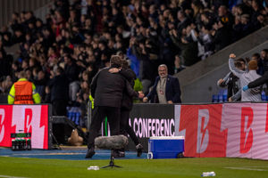 The New Saints' Manager, Craig Harrison and First Team Coach Simon Spender celebrate the opening goal (Pic by Nik Mesney/FAW)
