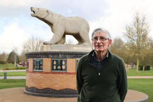 Commander David Childs CBE pictured next to the Polar Bear Memorial – the first memorial to be placed at the National Memorial Arboretum
