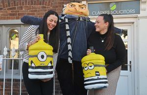 Courtney Harte and Katie Humphreys with a brilliant Minions-themed scarecrow for the Shifnal Scarecrow Festival