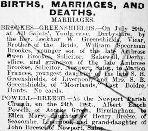Enoch Powell's parents were married in Newport in 1909, as this notice in the local paper shows.