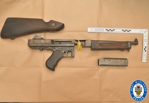 The Thompson submachine gun was discovered in a tool box, with 176 rounds of ammunition being discovered in a bin bag