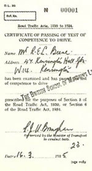 The first driving test pass certificate, presented to Ronald Beere in 1935