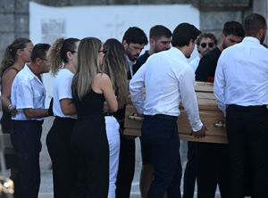 The coffins of Diogo Jota and Andre Silva are brought into the Igreja Matriz de Gondomar in the town of Gondomar near Porto. The Liverpool and Portugal forward died along with his younger brother Andre Silva in the accident in Zamora on Thursday morning. Picture date: Saturday July 5, 2025. PA Photo. Photo credit should read: PA Wire.