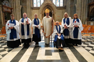 Rt Rev Martin Gorick with Tony Bill, Helen Black, Sue Cousins, Claire Darnborough, 
Robbie Porter and Kathryn Trinder at Worcester Cathedral.