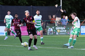 The New Saints' Daniel Williams (right) attempts a shot towards goal during the Uefa Champions League first qualifying round against KF Shkendija