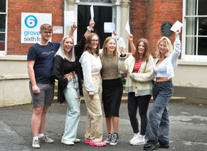 Celebrating their A level results, (left-right) Jake Nicholls, 18, Mia Marshall, 18, Emma Irvin, 18, Amelia Fleet, 19, Maddie Lowe, 19, and Hattie Beath, 19, at Grove School Sixth Form, Market Drayton..