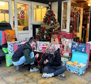 Presents piled high at Forest Dog Rescue.