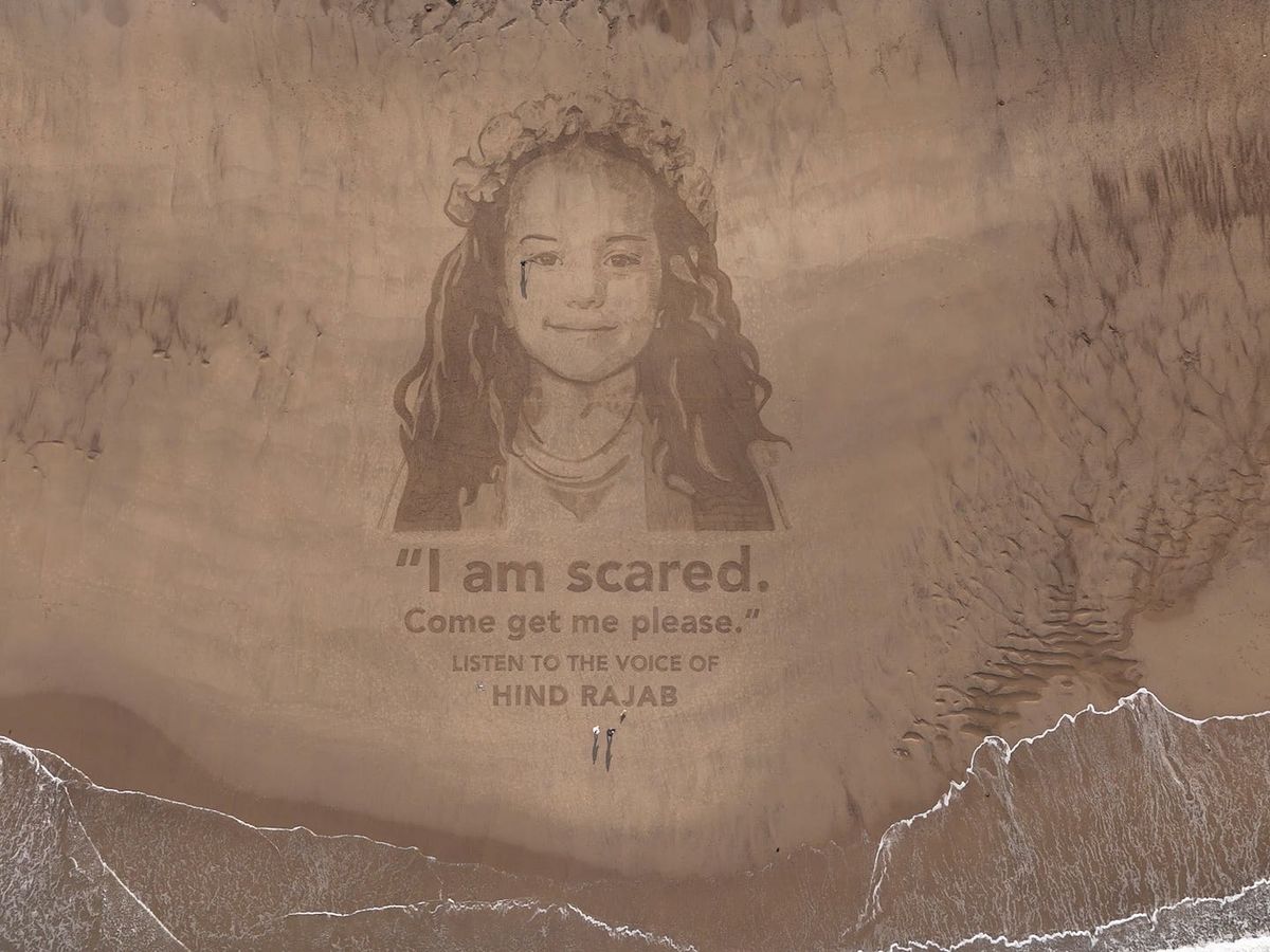 Giant sand portrait of girl in Voice Of Hind Rajab created on Yorkshire beach