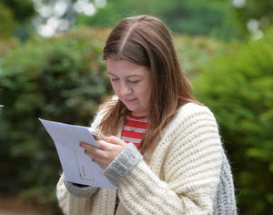  With her A level results, Maddie Lowe, 19, at Grove School Sixth Form, Market Drayton..