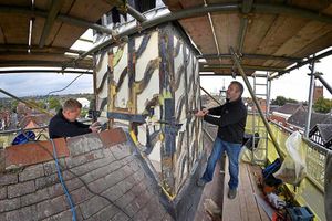 Ian Nash, right, and sub contractor David Brown, at work renovating Bridgnorth Town Hall