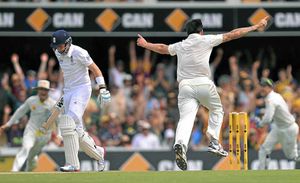 Australia's Mitchell Johnson (right)celebrates taking the wicket of England's Joe Root (left)