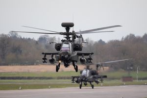 The four Apache Mk1 helicopters are pictured arriving at and later departing from RAF Shawbury on Monday (25).