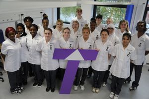 Telford College’s health T-Level cohort in the Clinical Skills Centre, preparing for their first week of work placement.