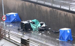The scene of a multi-vehicle crash 