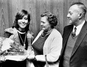 Singer Helen Shapiro receives a bouquet from Mrs Mary Bray, of Wellington (with her husband Horace), after a charity show at Oakengates. Helen has long-lasting links with the Bray family. She was once a close friend of their late daughter, Iris. The picture was taken on November 26, 1972