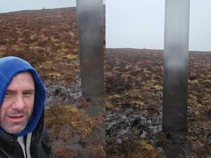 Supporting image for story: Mysterious border hilltop monolith mistaken for UFO by builder out on walk