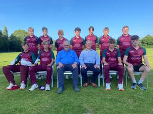 David Blackhurst (Charity Steward, left) and Stephen Casbolt (Lodge Secretary, right) of St Alkmund Lodge with the Whitchurch Cricket Club Under 15s team, proudly wearing their new kit provided by the Freemasons.