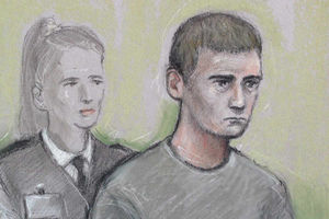 A court artist's sketch of Aaron Barley, right, who is accused of murdering Tracey and Pierce