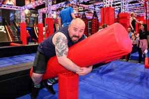 James suddenly realises the beam can move as he falls on it