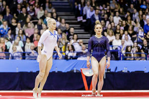 Pictured right, Alice Kinsella at the 2018 Gymnastics World Cup, held at Arena Birmingham. Pic: Chris Bowley