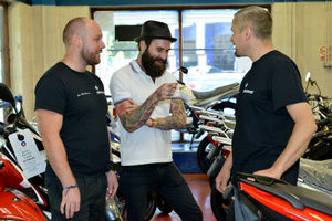 At Highway Motorcycles, with brother Adam and pal Wayne