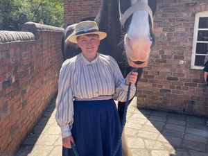 Emily Reynolds and George the Shire Horse ready for Heavy Horse Weekend at Blists Hill Victorian Town