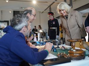 Queen Camilla meeting members of local volunteer groups during a visit to the Flaxmill Maltings. Picture: Jacob King/PA Wire
            

