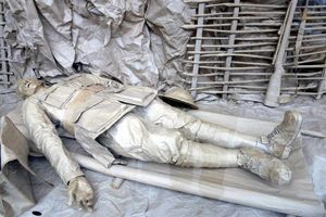 An injured soldier is part of the display