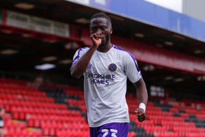 Dan Udoh of Shrewsbury Town celebrates after scoring a goal to make it 2-2. (AMA)
