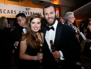 Midlands filmmakers Rachel Shenton, left, and Chris Overton, clutching their Oscars