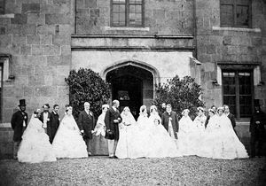 The wedding party for the marriage on October 21, 1863, of Lewis Richard Price and Eliza Turner. The wedding was at the old Llandysilio church (just south of Llanymynech) and the picture was taken afterwards at the Turner family home at Pentreheylin Hall nearby. The photographer was J Groom of Shrewsbury and the picture had a caption naming the people in the party as, from left: Mr Price Turner, Laura Short, John Cross Buchanan, the Rev John Hill, Elizabeth Kay, Prince de Squinzano, The Princess, bride and groom, Mrs Kay, Miss Pryce, Mary Turner, Captain James Turner, John J Turner Esq, Eleonora Turner, Miss Krey, Miss Emily Russell, Richard Turner, Ellen Griffiths, Frank Kay, and the Rev John Turner